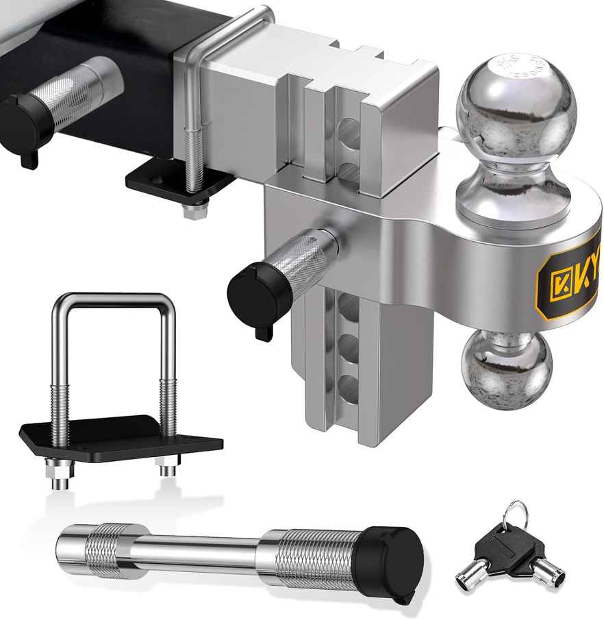 KYX Ball Mount Trailer Hitch - Fits 2.5 Inch Receiver, 6 Inch Drop - Adjustable, 12500 LBS GTW Heavy Duty Tow Hitch - Dual Ball with Anti-Theft Pins and Locks for Trucks